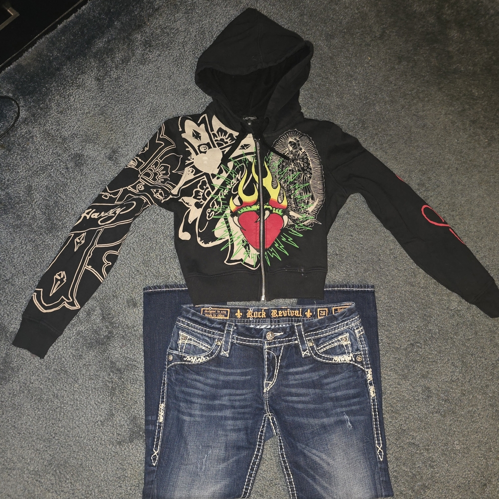 Ed Hardy Black Hoodie with Heart and Flame Design